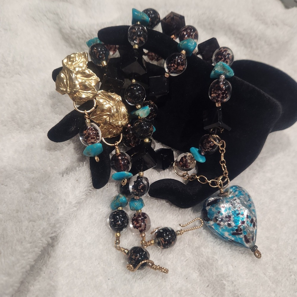 Artisan Glass Heart Necklace and Leaf Clip-On Earrings Set Turquoise Black Gold